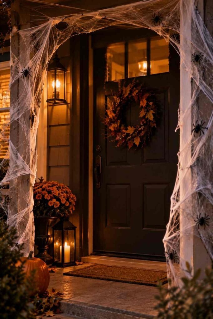 Stretched white spiderweb across a door frame with plastic spiders and a clear walkway.