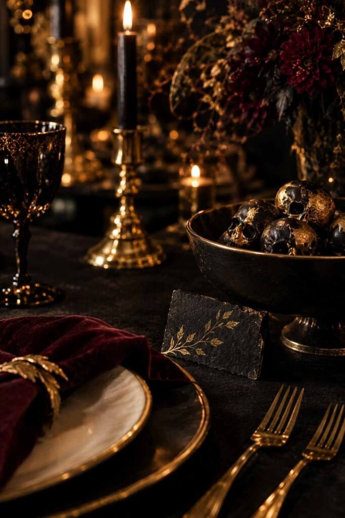 28 Elegant Black & Gold Halloween Ideas for Your Porch, Table & Party Spooky Season 8 Gold-ink place card and gold-dipped skulls in a black bowl on a Halloween table.
