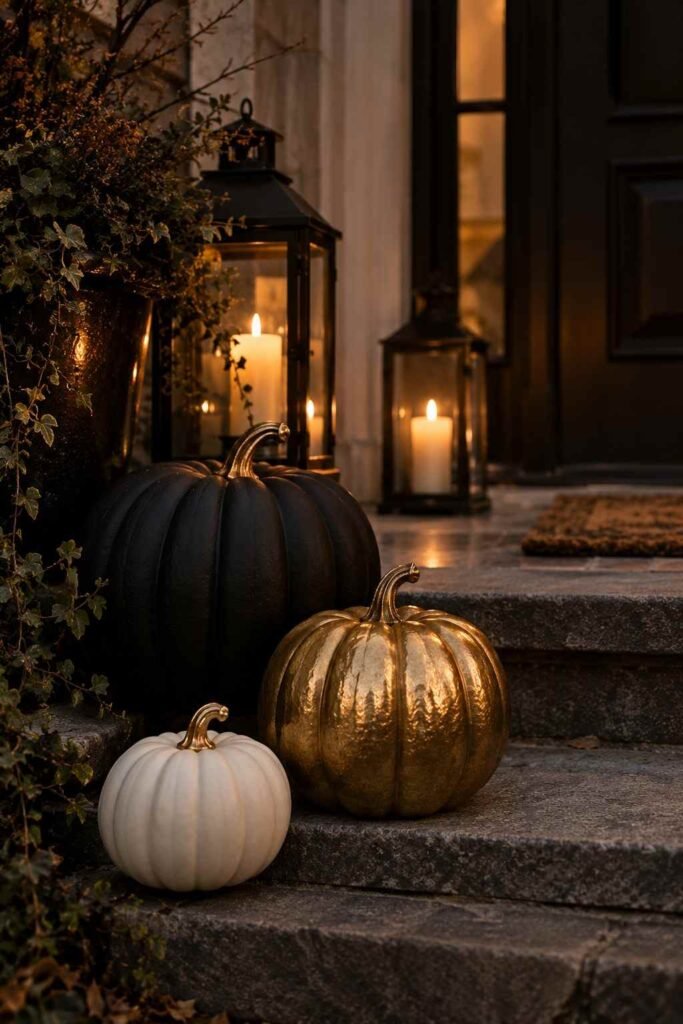 28 Elegant Black & Gold Halloween Ideas for Your Porch, Table & Party Spooky Season 3 Trio of black, gold, and white pumpkins on porch steps in a black and gold Halloween display.