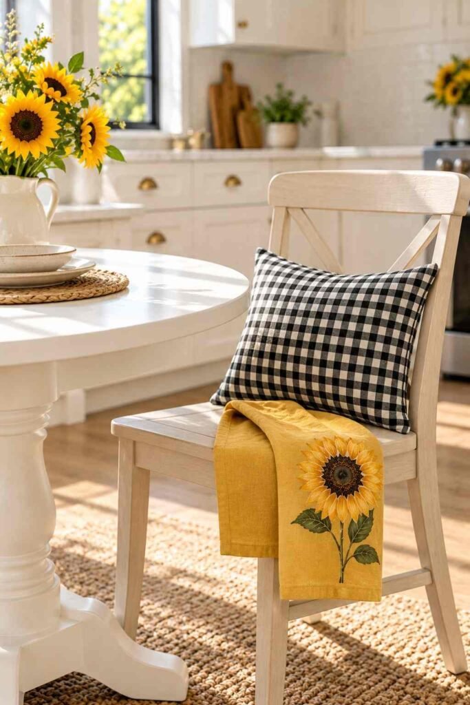 30 Sunflower Kitchen Decor Ideas Modern: From Wall Art to Backsplash Tile 11 Black-and-white gingham cushion with a sunflower napkin on a kitchen chair.