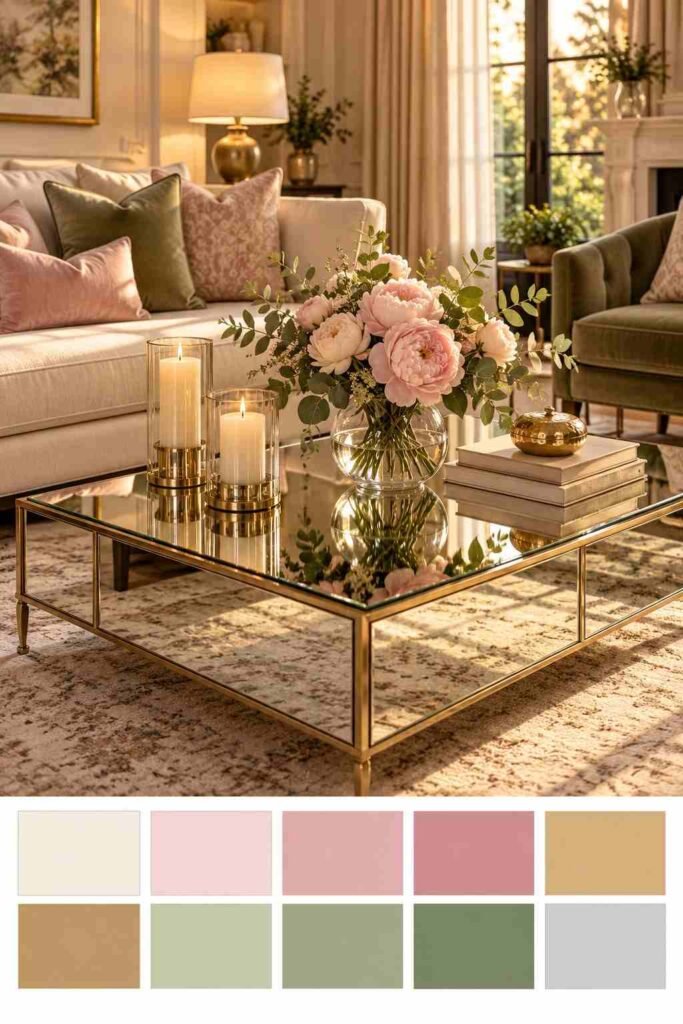 Soft glam mirrored coffee table with blush peonies, champagne candles, and books, with a blush, ivory, champagne gold, and sage color palette strip below.