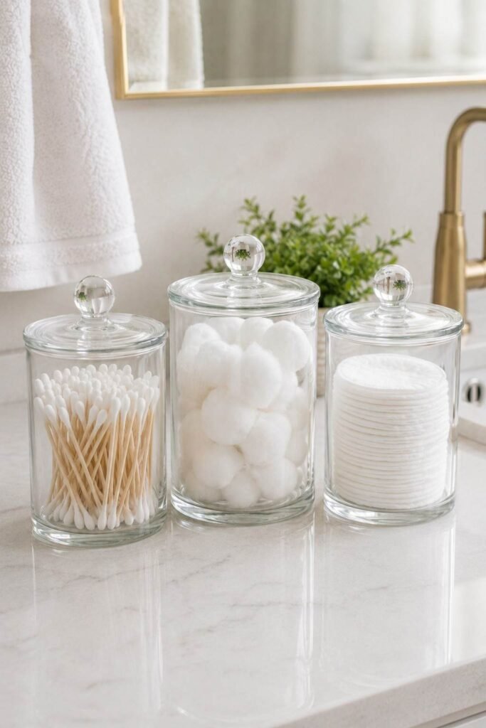 Glass apothecary jars holding cotton swabs and cotton pads on a bathroom counter