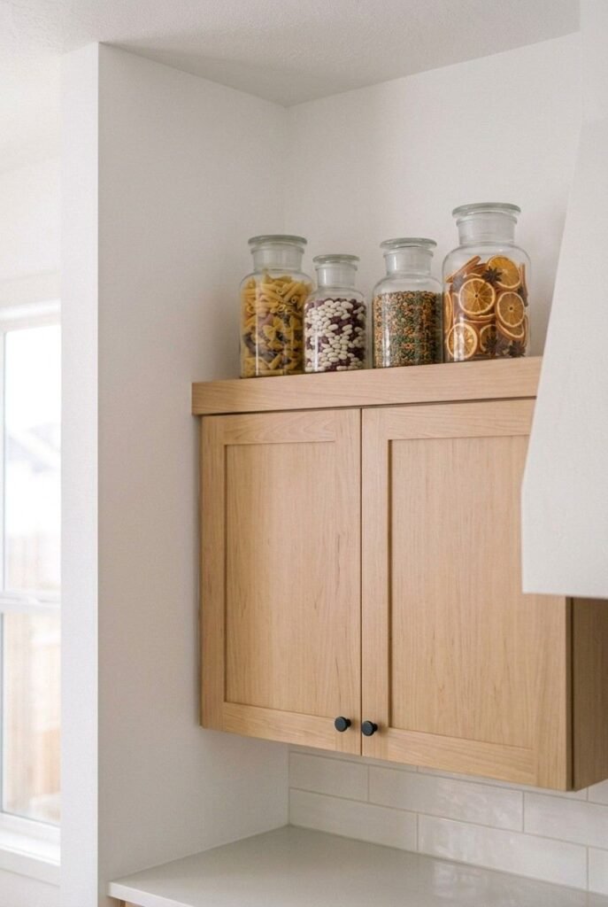 Glass apothecary jars filled with pasta, beans and dried citrus on kitchen cabinets.