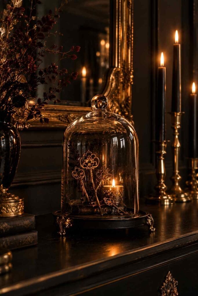 28 Elegant Black & Gold Halloween Ideas for Your Porch, Table & Party Spooky Season 13 Glass cloche with antique gold keys and a candle on a black tray for an entry table.