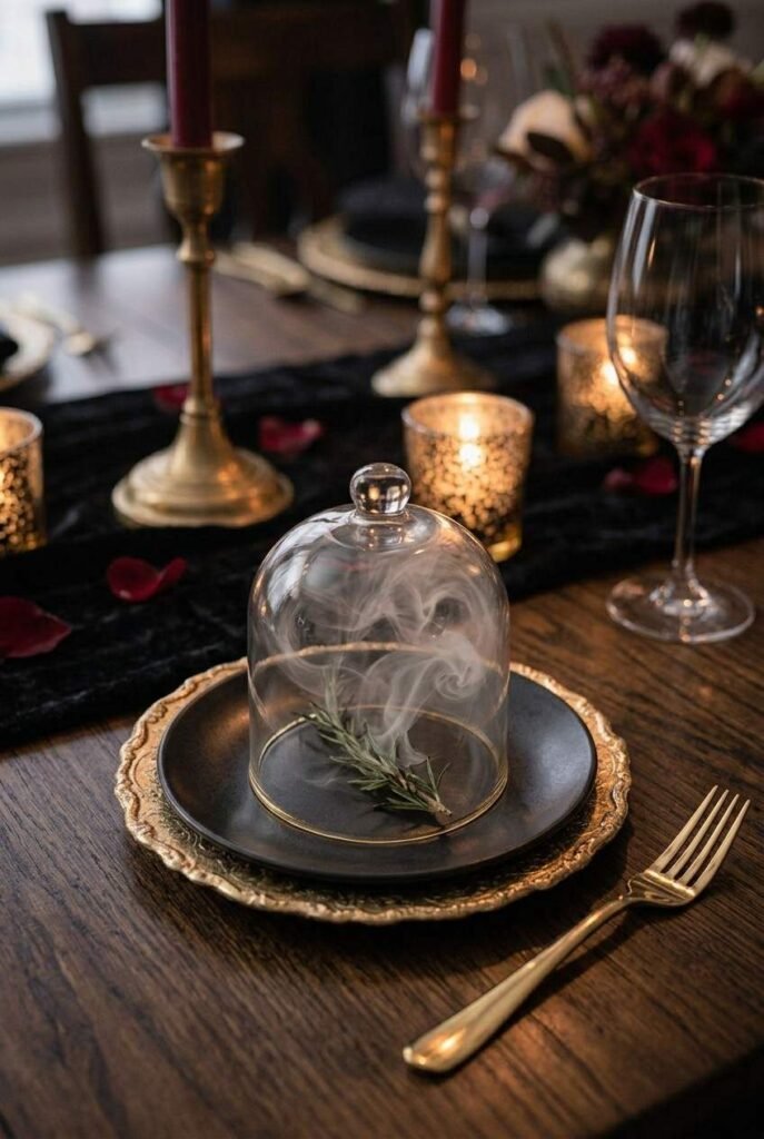 Luxury Halloween Dining Room Decor Ideas: 30 Ways to Style a Dark, Elegant Table 9 Glass cloche with rosemary smoke on a Halloween dinner starter plate