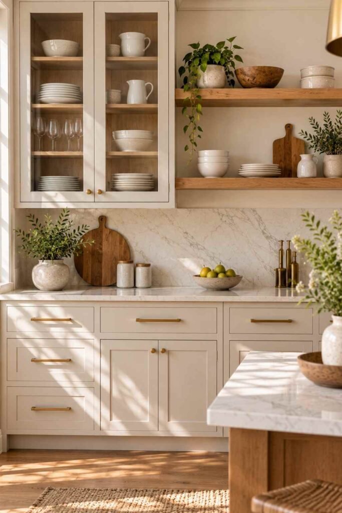Glass-front cabinets beside wooden open shelves with neatly stacked dishes.