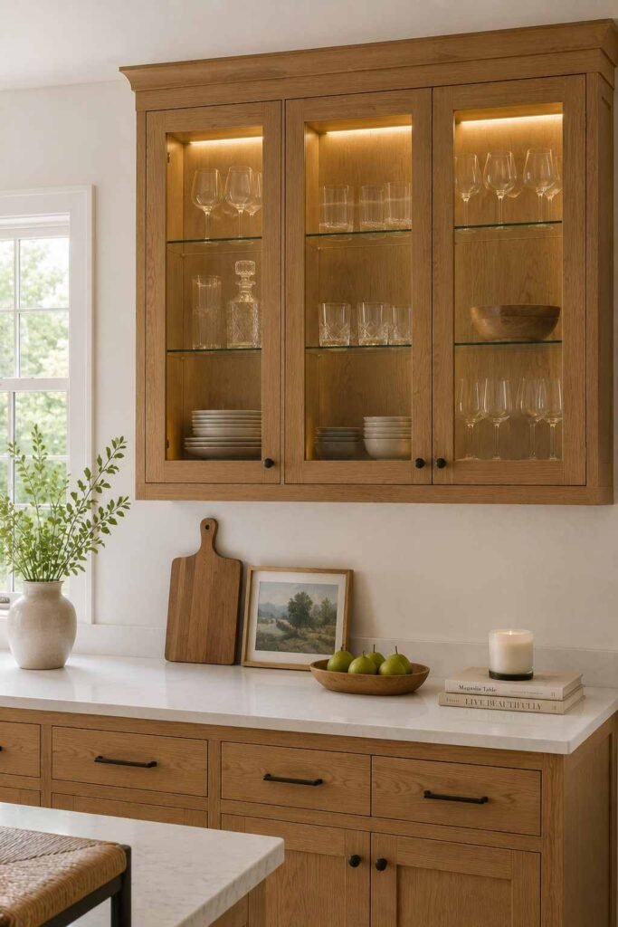 Wood-framed glass-front upper kitchen cabinets with interior lighting