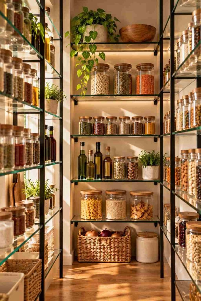 Open Shelving Pantry Kitchen Ideas: 30 Layouts, Storage Tricks and Styling Tips 7 Tempered glass pantry shelves with metal frames holding spice jars.