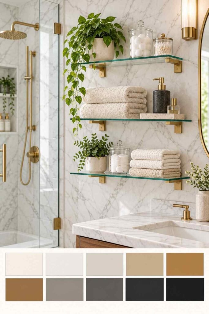 Modern marble bathroom with glass shelves on brass brackets, with a 10-color palette strip below.