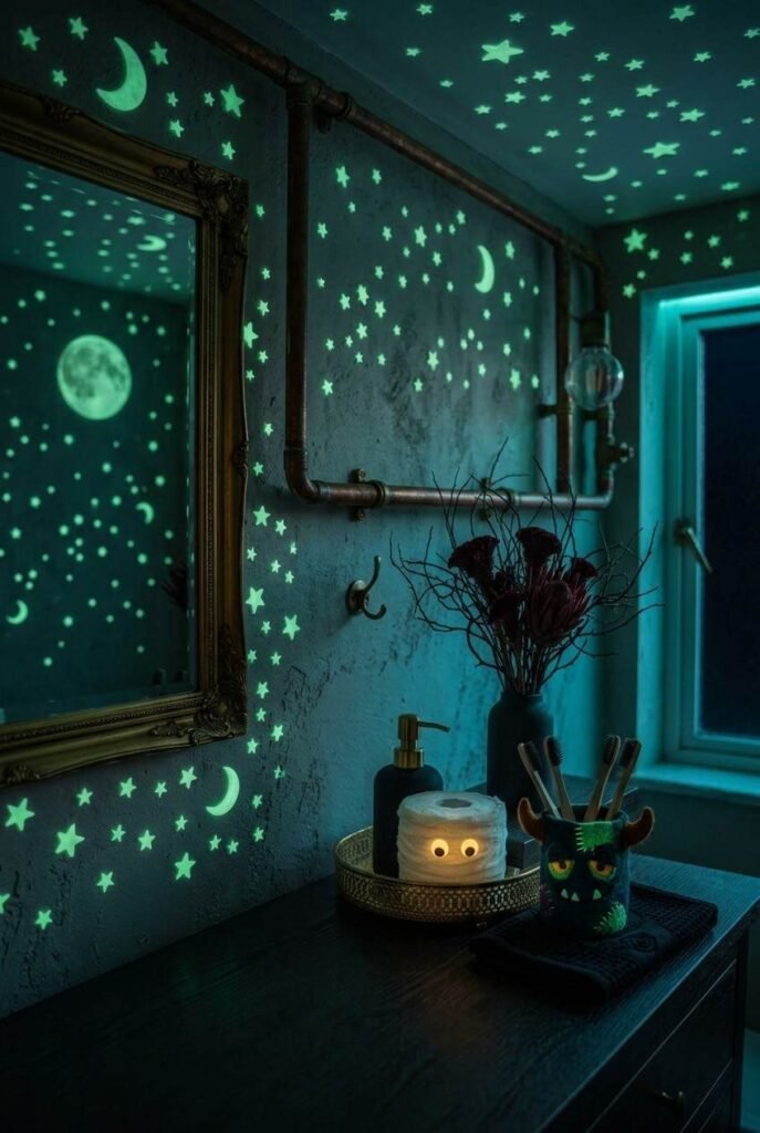Glow-in-the-dark stars on a bathroom ceiling and mirror for a spooky Halloween night effect