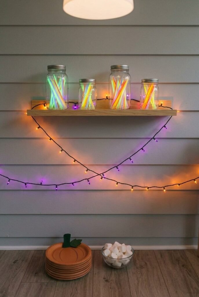 Glow stick jars and orange and purple string lights in a dimmed kids’ Halloween party room.