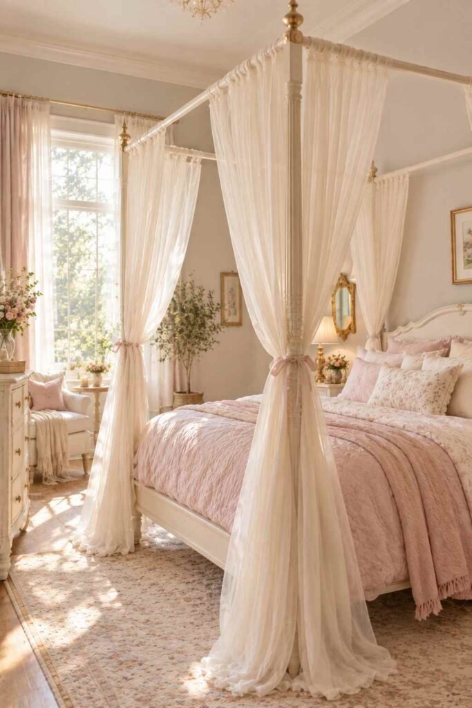 30 Canopy Bed Ideas for Princess Bedroom: Dreamy, Safe & Budget-Friendly 6 Cream canopy bed with brushed gold finials and ivory drapes in a princess bedroom