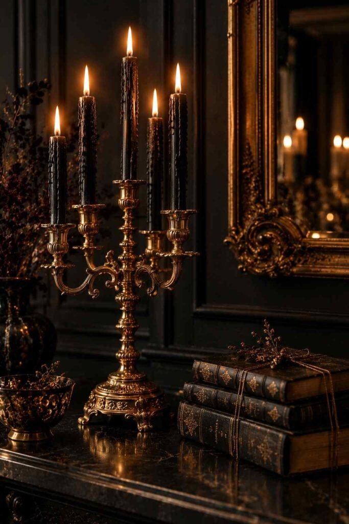 28 Elegant Black & Gold Halloween Ideas for Your Porch, Table & Party Spooky Season 14 Gold candelabra with black tapers beside dark vintage books tied with gold twine.