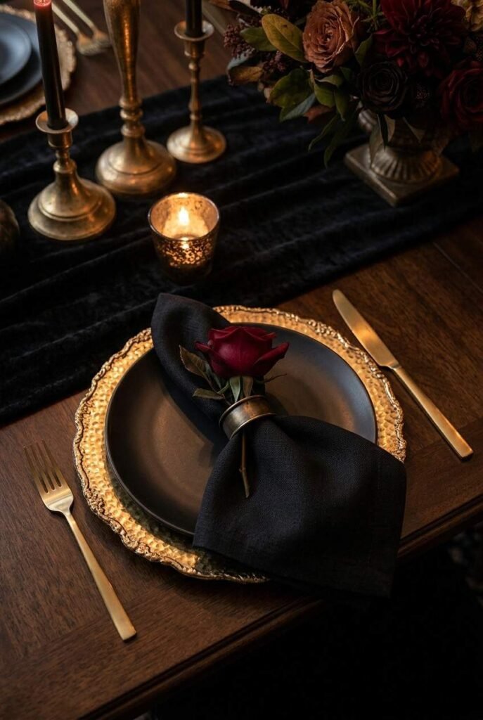 Luxury Halloween Dining Room Decor Ideas: 30 Ways to Style a Dark, Elegant Table 5 Gold charger with matte black plate in a Halloween table setting
