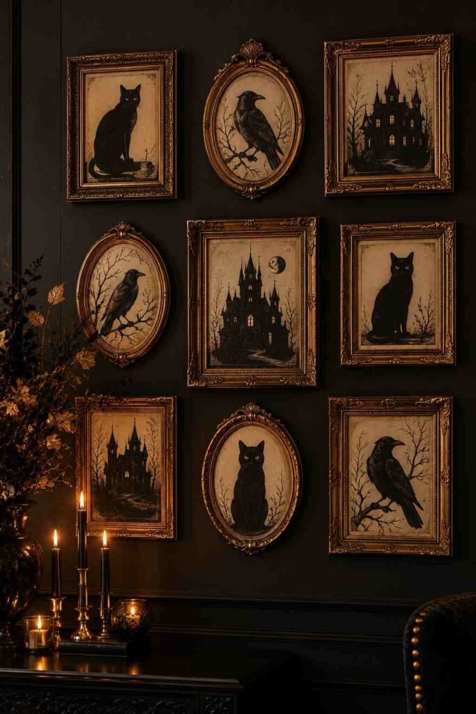 28 Elegant Black & Gold Halloween Ideas for Your Porch, Table & Party Spooky Season 10 Gold-framed black cat and raven silhouettes on a dark wall for Halloween decor.