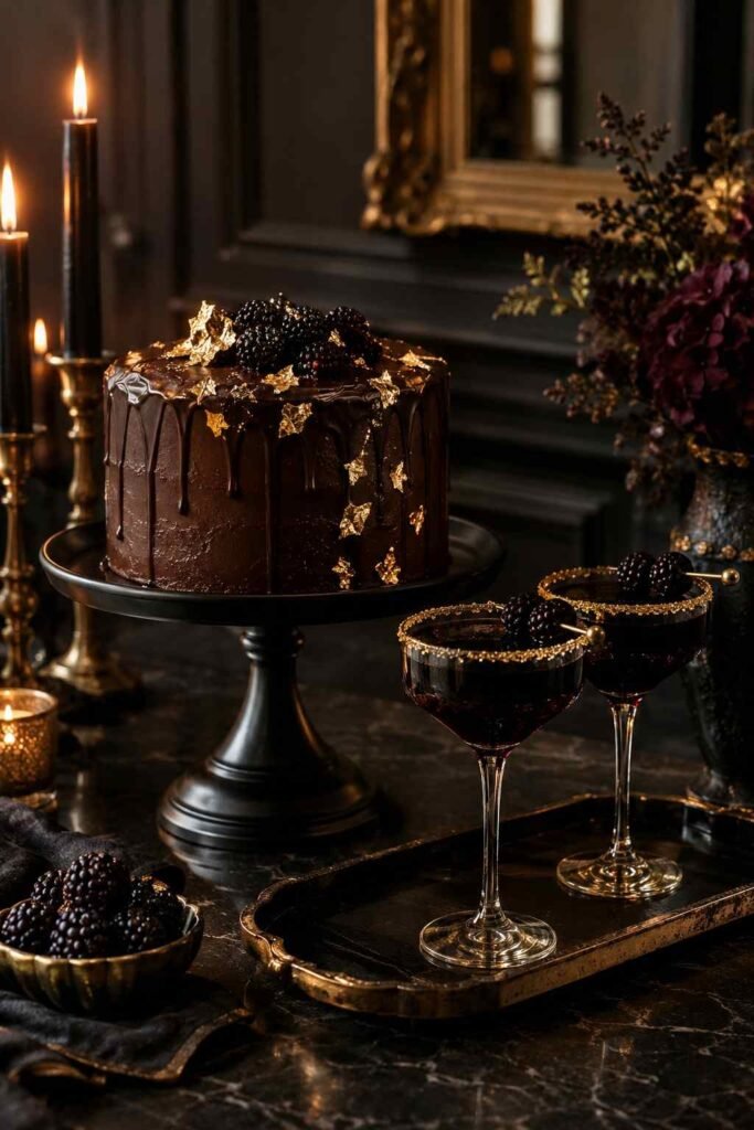 28 Elegant Black & Gold Halloween Ideas for Your Porch, Table & Party Spooky Season 16 Chocolate cake with edible gold leaf and gold-rimmed blackberry mocktails for Halloween.