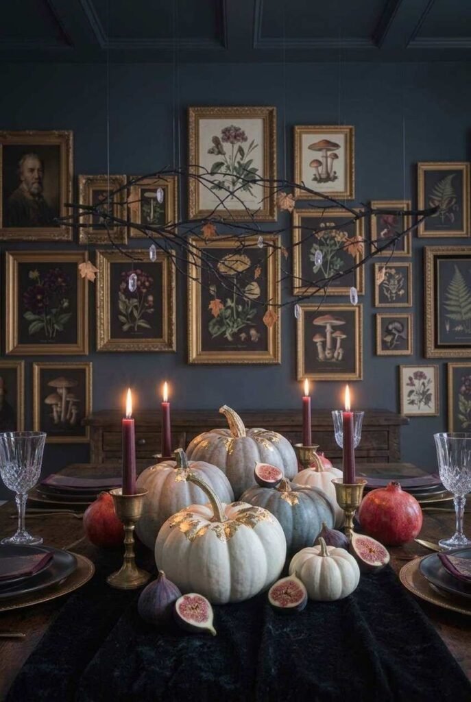 Luxury Halloween Dining Room Decor Ideas: 30 Ways to Style a Dark, Elegant Table 17 Gray and white heirloom pumpkins with gold leaf for elegant Halloween decor