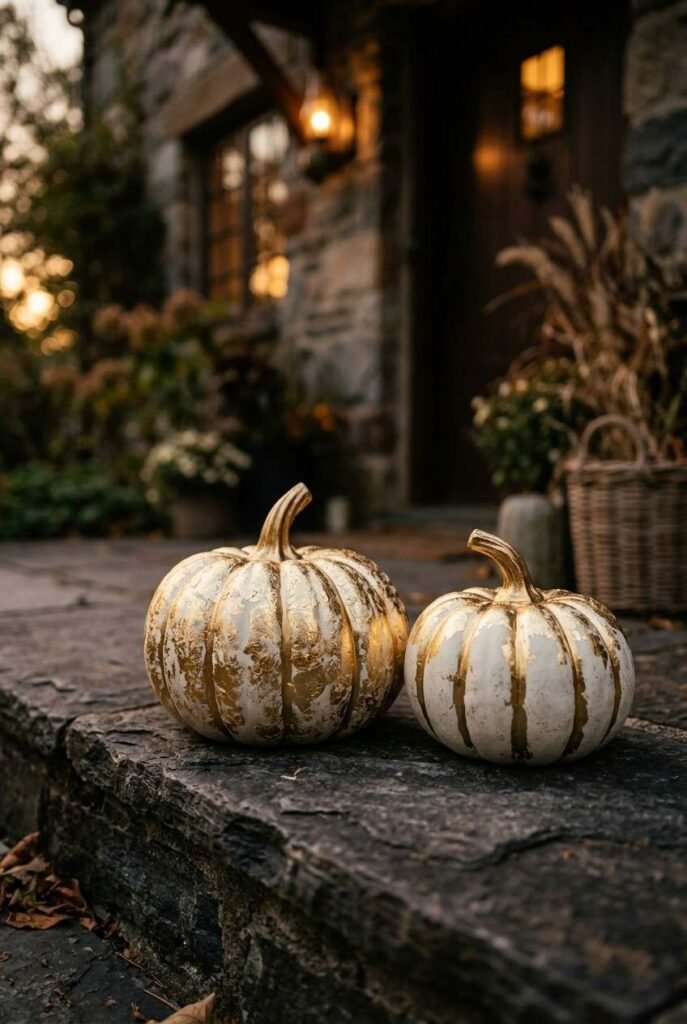 28 Classy Halloween Decor Ideas: Moody, Grown-Up for an Elegant, Stylish Home 4 Gold-leaf pumpkins glowing softly on a dark porch step