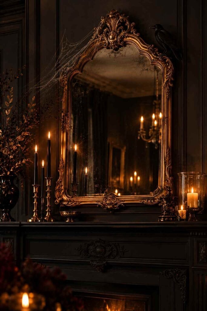28 Elegant Black & Gold Halloween Ideas for Your Porch, Table & Party Spooky Season 12 Gold mirror with light cobweb and a black raven reflecting candlelight at Halloween.