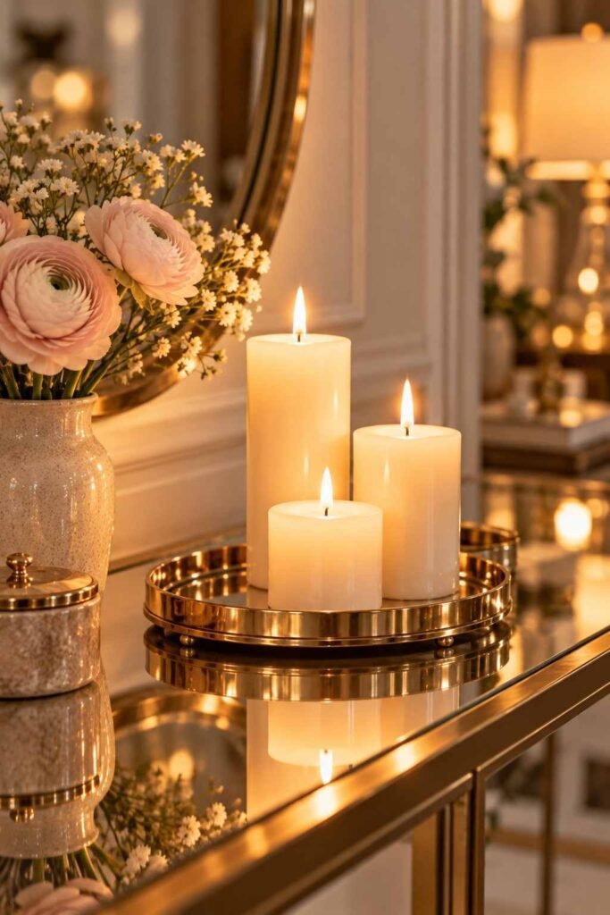 Gold tray with three pillar candles on a mirrored console table.