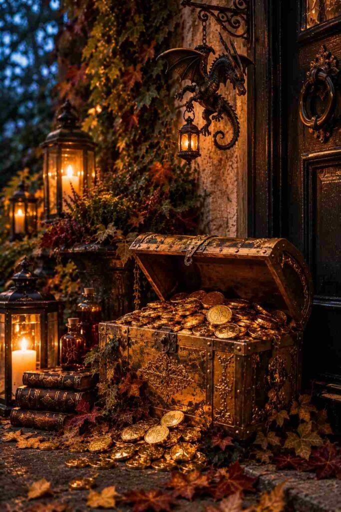 Gold-painted treasure chest filled with chocolate coins beside a small hanging dragon figure.