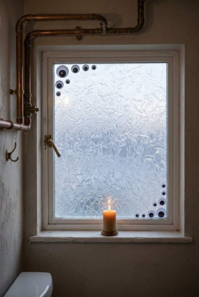 Googly eye decals on a frosted bathroom window glowing at dusk for Halloween