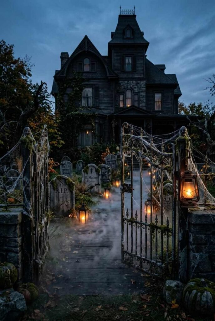 28 Spooky Halloween Theme Ideas to Make October 31 Unforgettable 4 Gothic cemetery Halloween yard display with tombstones, iron gate and low fog at dusk.