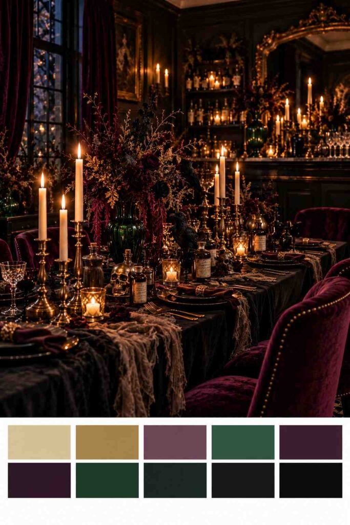 30 Halloween Party Decorations for Adults: Moody, Spooky, Stylish Ideas for Any Home 9 Gothic plum and emerald Halloween party table with apothecary bottles and a color palette swatch strip below.