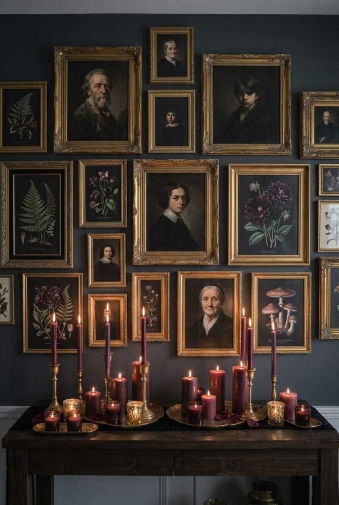 Luxury Halloween Dining Room Decor Ideas: 30 Ways to Style a Dark, Elegant Table 12 Gallery wall of gilded frames with vintage portraits in a Halloween dining room