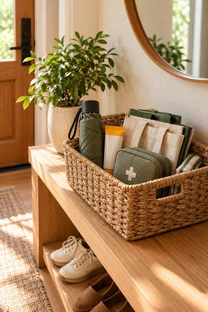 Woven basket holding umbrella, sunscreen, reusable bags and first-aid kit for leaving the house.