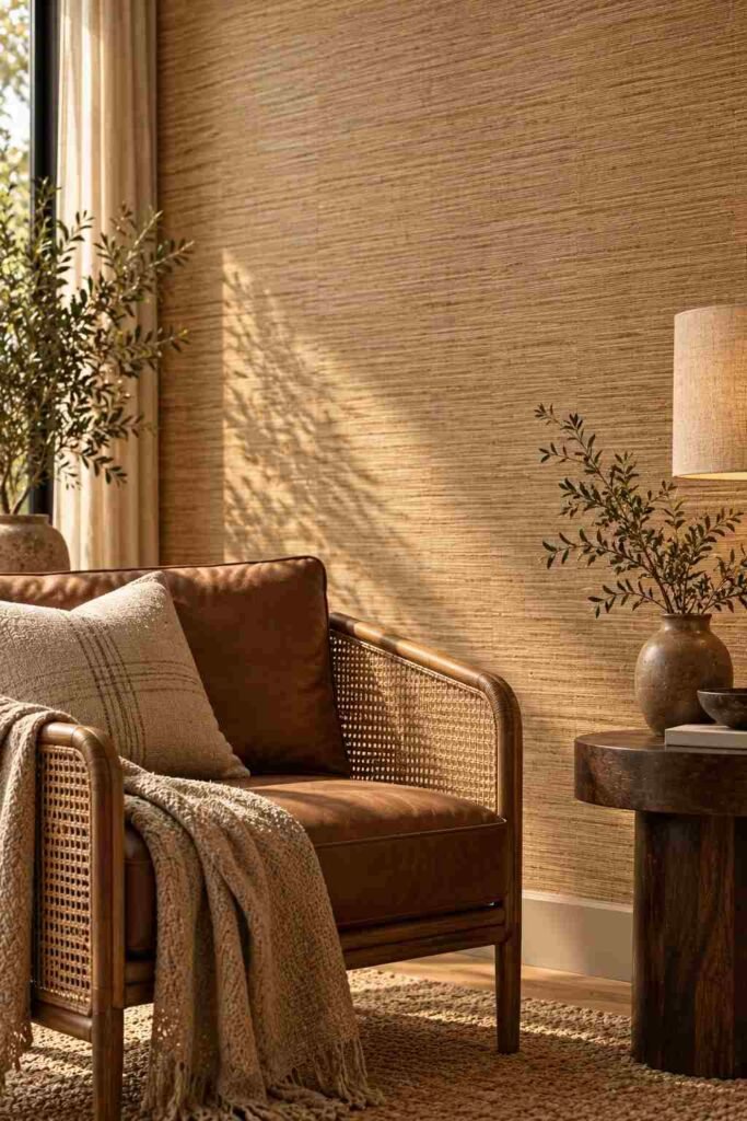 30 Luxury Wall Decor Ideas for Living Room Walls: Art, Texture, Mirrors & Lighting 11 Natural sand-colored grasscloth wallpaper with visible woven texture behind an armchair.