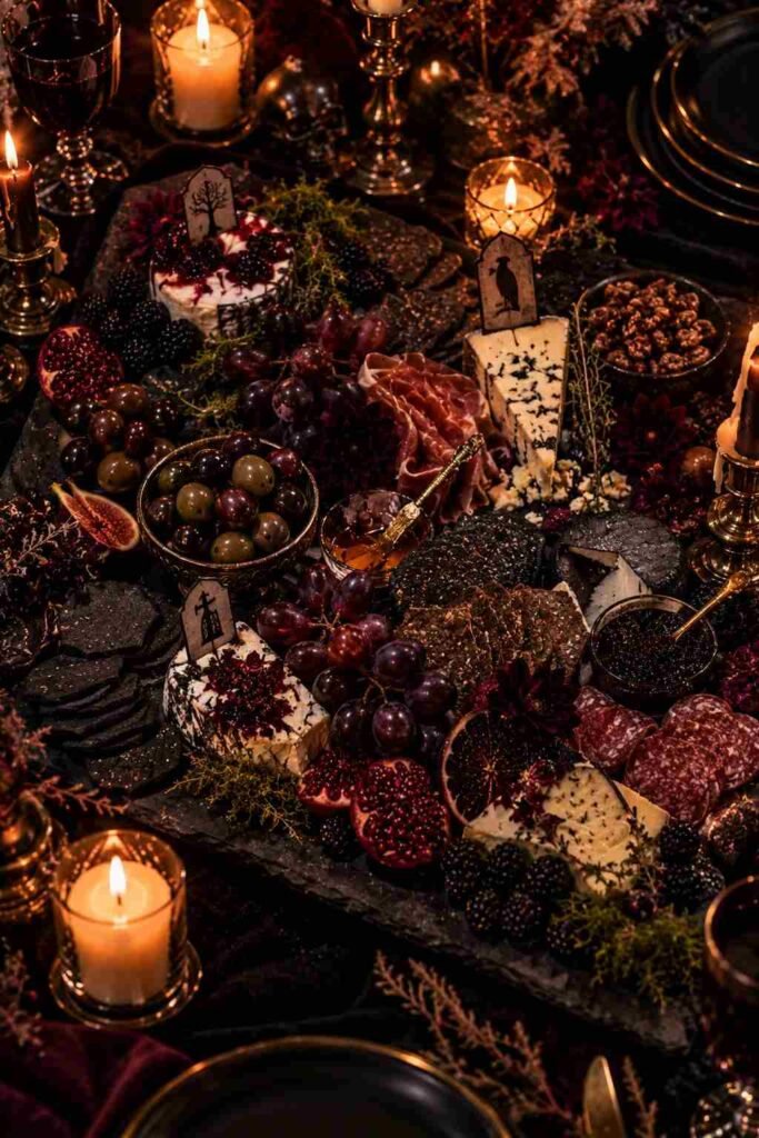 30 Halloween Party Decorations for Adults: Moody, Spooky, Stylish Ideas for Any Home 12 Graveyard charcuterie board with tombstone flags for an adult Halloween party snack table.