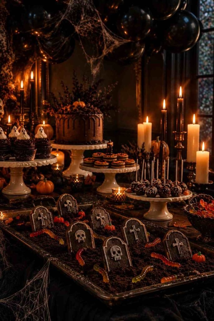 28 Halloween Party Decorations Indoor: Spooky Ideas That Transform Any Room 9 Graveyard dessert table with cookie tombstones, chocolate dirt, and gummy worms for a Halloween party