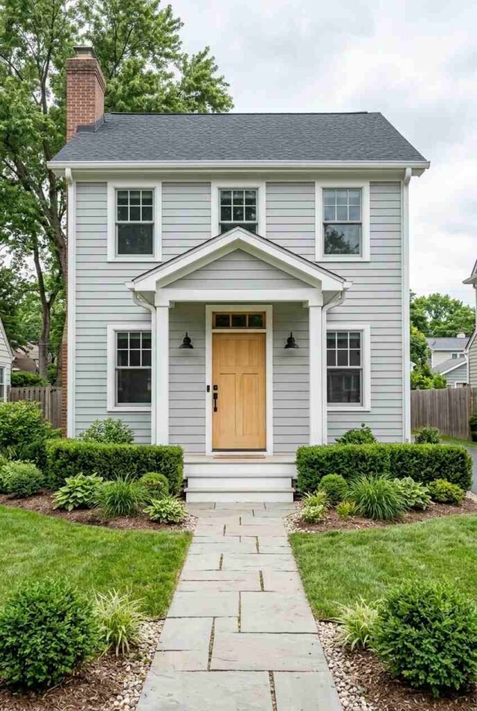 Soft gray house with white trim and a natural wood front door
