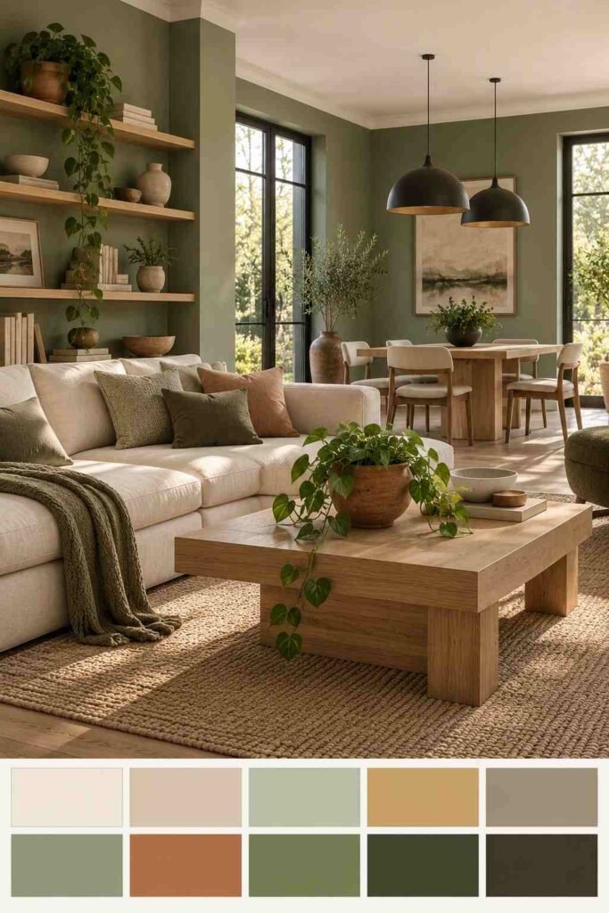 Sage green living space with cream sofa and blonde wood furniture, with a 10-color palette strip below