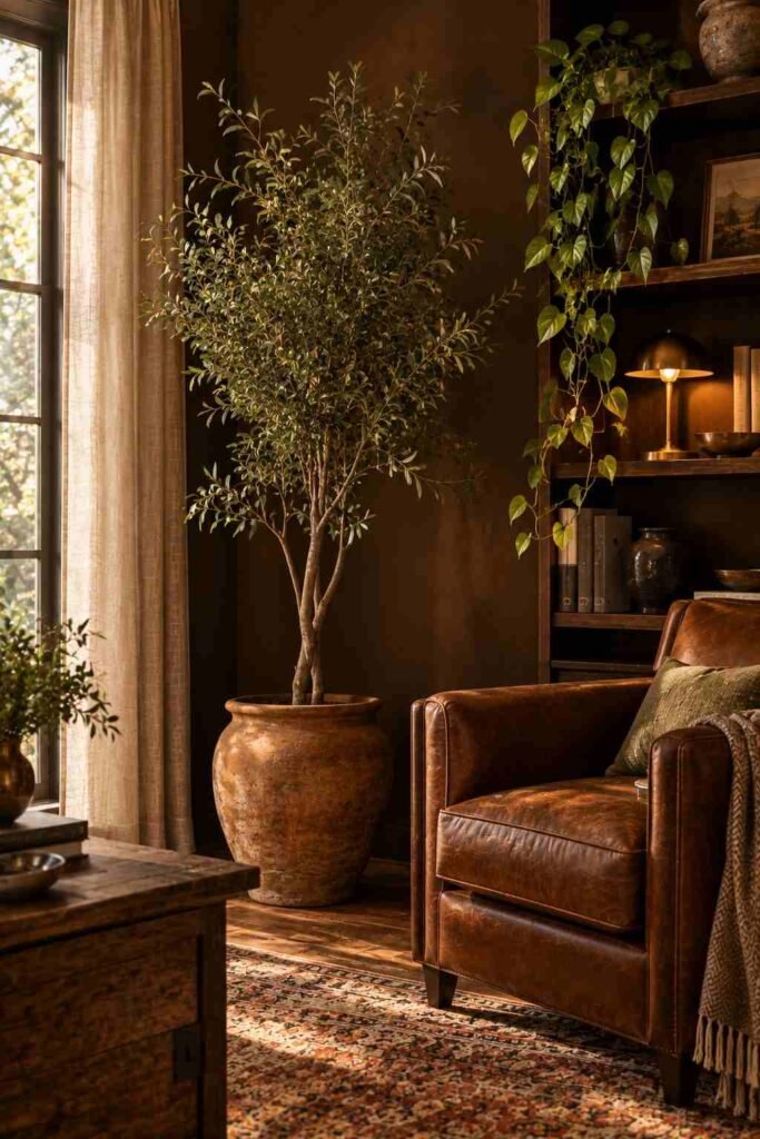 Olive tree and trailing pothos against a dark brown living room wall.