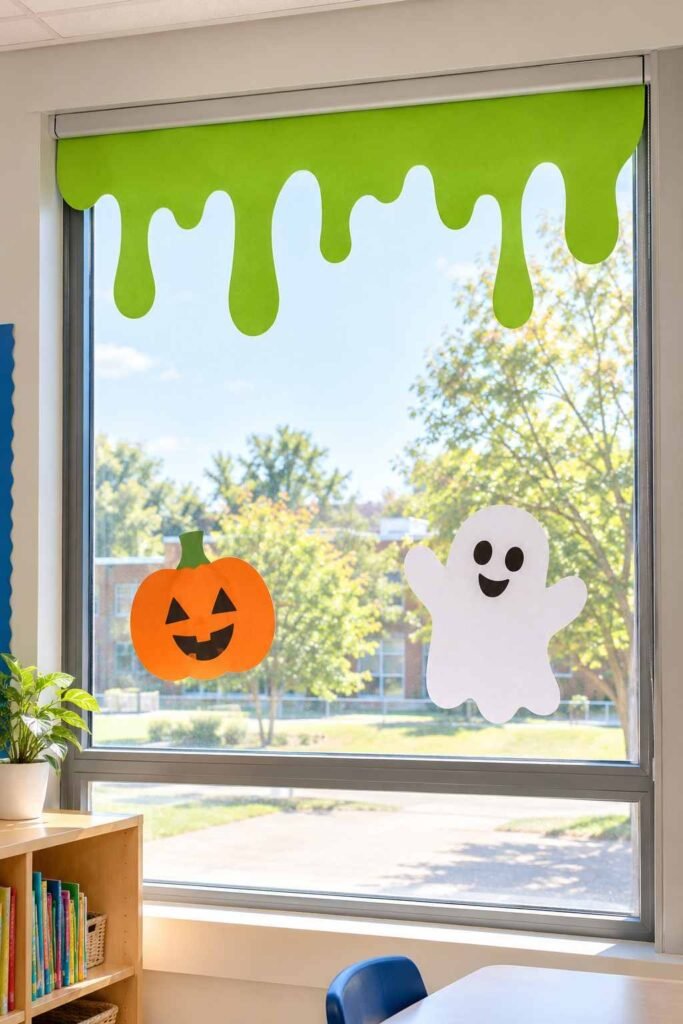 Lime green paper slime drips along the top of a school window above a pumpkin and ghost.