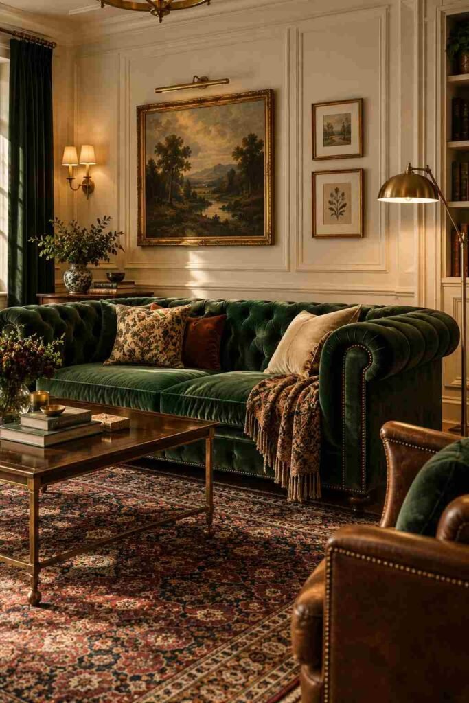 26 Glam Green Velvet Couch Living Room Design Ideas: Emerald, Sage and Olive 12 Green velvet Chesterfield sofa with button tufting against a paneled wall