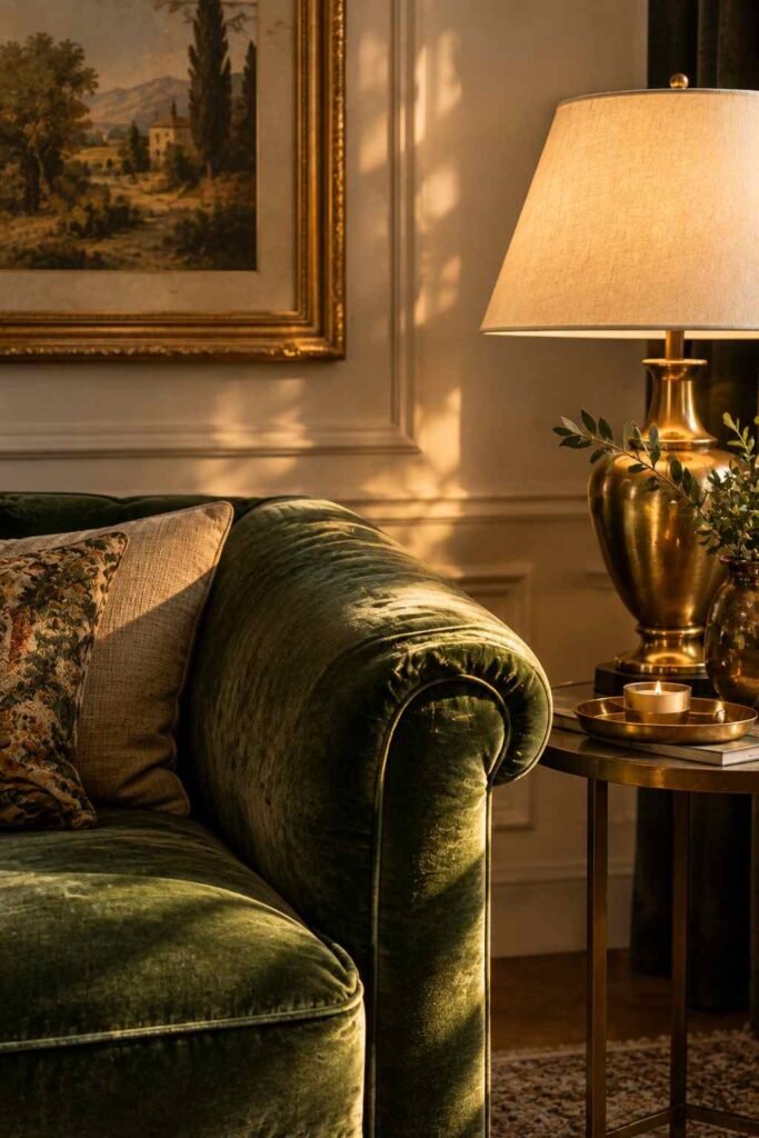 26 Glam Green Velvet Couch Living Room Design Ideas: Emerald, Sage and Olive 15 Brass lamp and gold accents beside a green velvet sofa arm in warm light