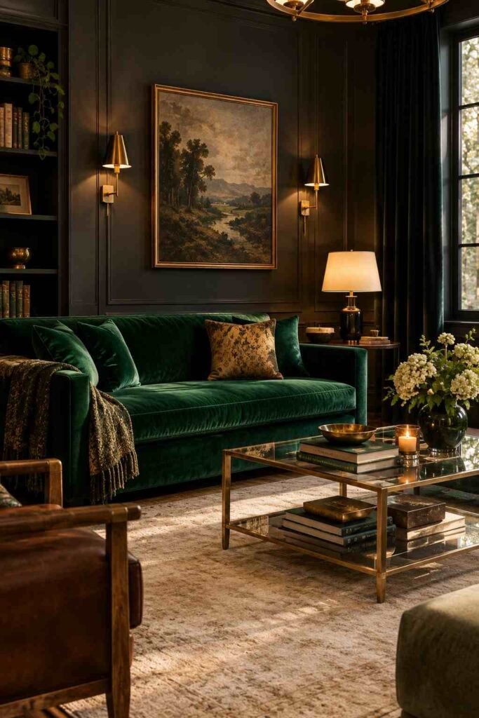 26 Glam Green Velvet Couch Living Room Design Ideas: Emerald, Sage and Olive 10 Emerald green velvet couch against charcoal walls in a dramatic dark living room