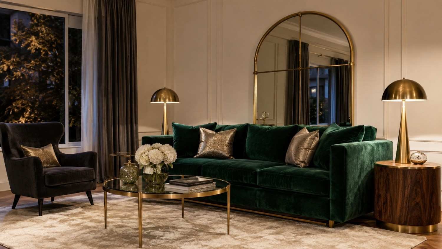 Emerald green velvet couch living room design ideas with gold mirror and brass lamps