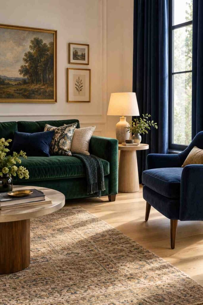 26 Glam Green Velvet Couch Living Room Design Ideas: Emerald, Sage and Olive 8 Emerald velvet sofa with a navy accent chair and navy curtains in a living room