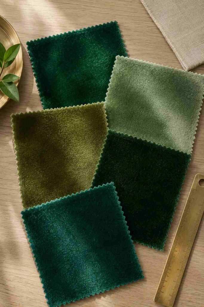 26 Glam Green Velvet Couch Living Room Design Ideas: Emerald, Sage and Olive 2 Five green velvet fabric swatches in emerald, sage, olive, forest and teal shades on an oak table