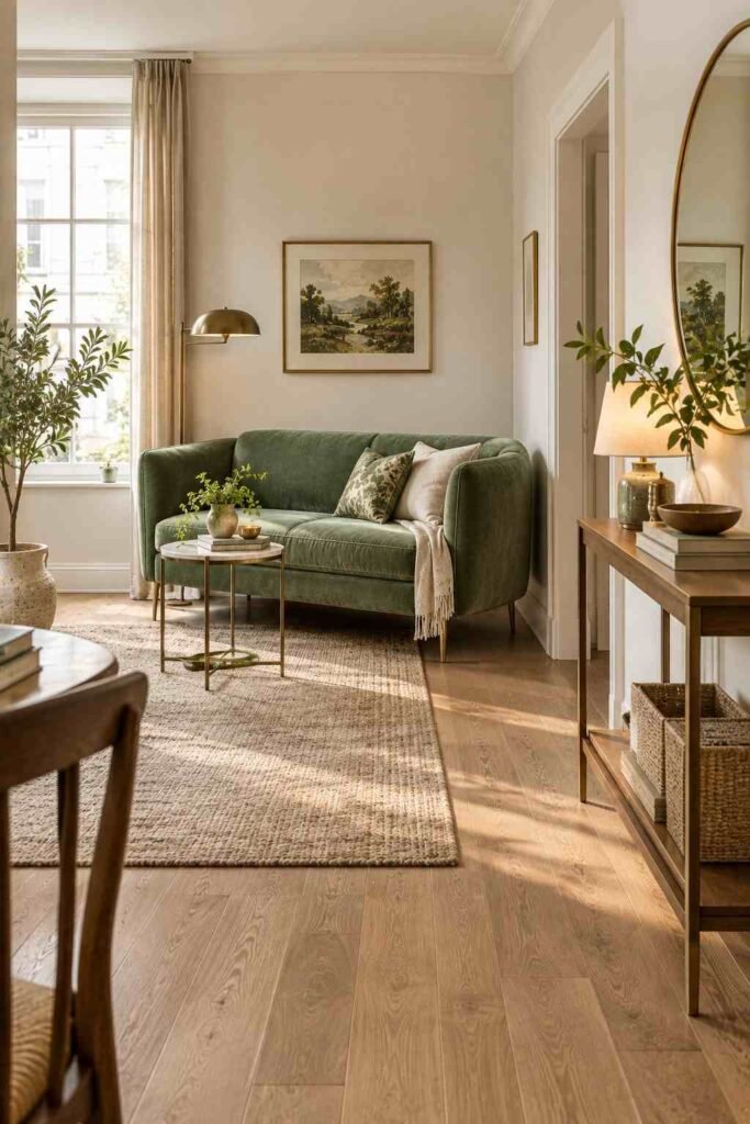 26 Glam Green Velvet Couch Living Room Design Ideas: Emerald, Sage and Olive 14 Compact sage green velvet loveseat with raised legs in a small apartment living room