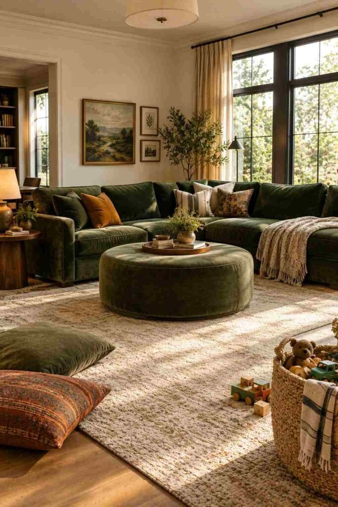 26 Glam Green Velvet Couch Living Room Design Ideas: Emerald, Sage and Olive 11 Large green velvet sectional sofa in a spacious family living room