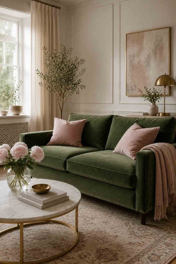 26 Glam Green Velvet Couch Living Room Design Ideas: Emerald, Sage and Olive 7 Green velvet sofa styled with muted blush pink pillows and a pink throw