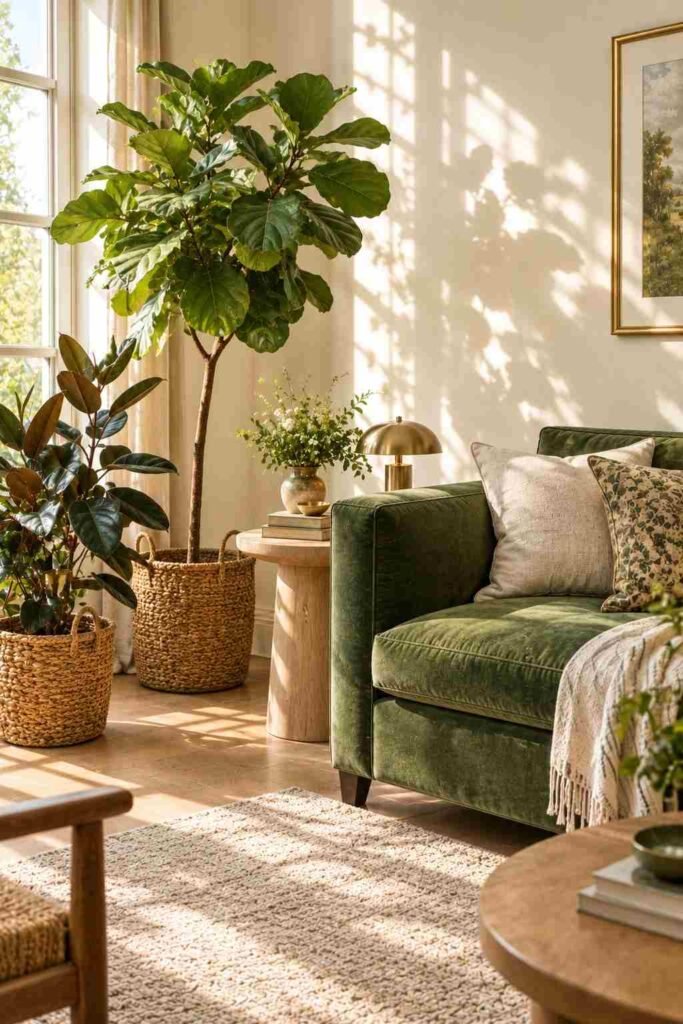 26 Glam Green Velvet Couch Living Room Design Ideas: Emerald, Sage and Olive 17 Fiddle-leaf fig and rubber plant beside a green velvet sofa in a sunlit living room