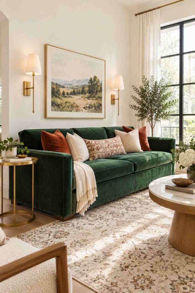 25 Stunning Home Remodeling Living Room Ideas to Refresh Your Space 17 Emerald green velvet sofa in a bright living room with a neutral rug and gold side table.