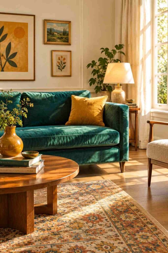 26 Glam Green Velvet Couch Living Room Design Ideas: Emerald, Sage and Olive 9 Green velvet couch with a mustard pillow and ochre vase in a sunny living room