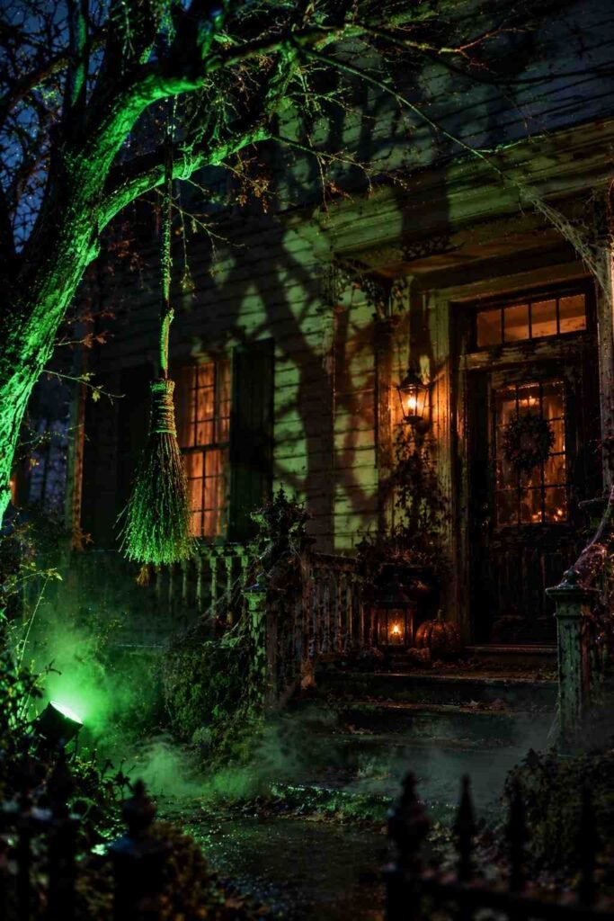 Green witch lighting on a Halloween porch with a hanging broom and bare branch.